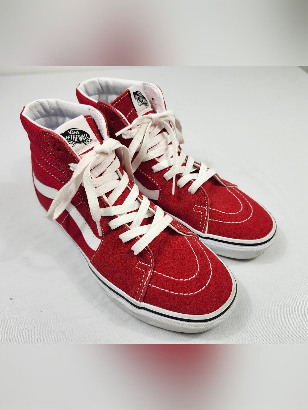 Vans Unisex Mens 7 Womens 8.5 Red Suede High-Top Sneakers with White Stripe